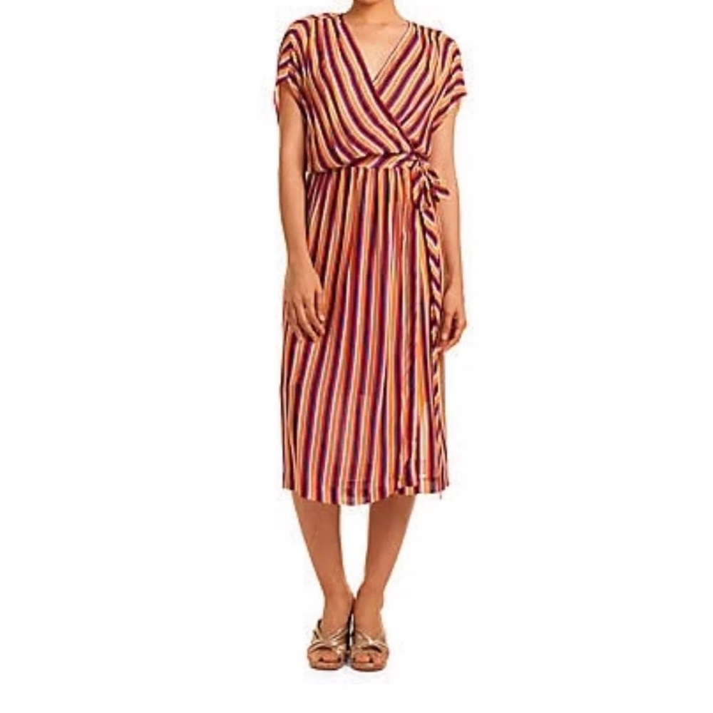 Trina Turk Purple and Orange Midi Sundress V-Neck Belted See Through